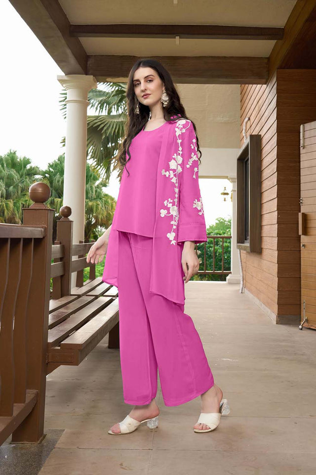 Pink Hand Embroidery Art Silk Jacket Styles Culottes Kurti Pant Set