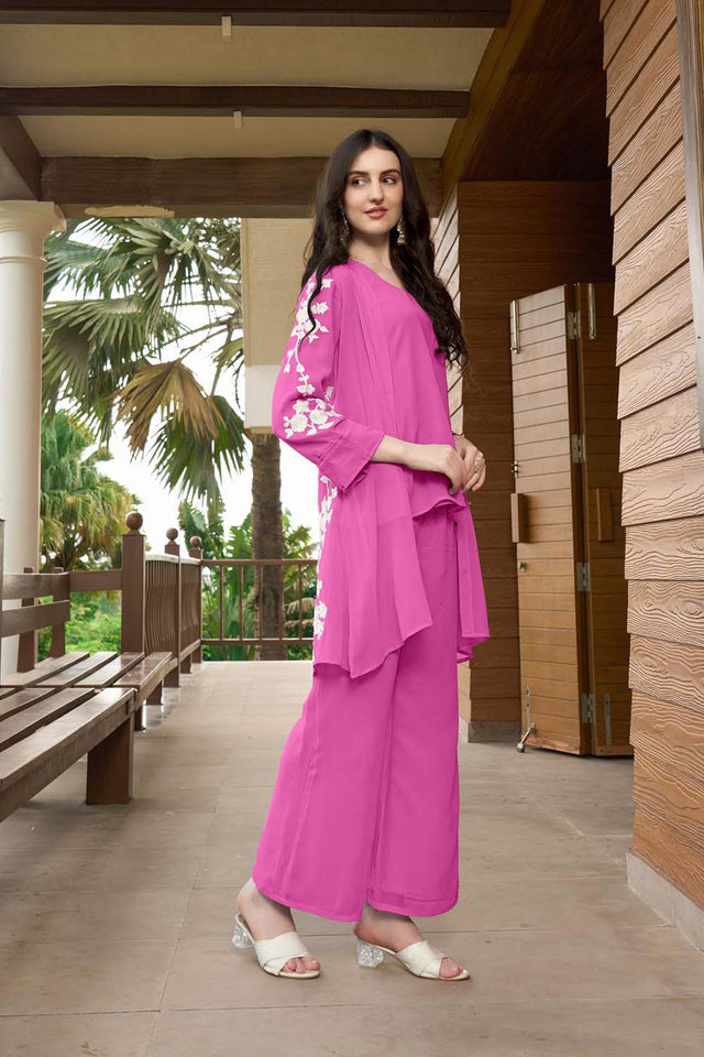 Pink Hand Embroidery Art Silk Jacket Styles Culottes Kurti Pant Set