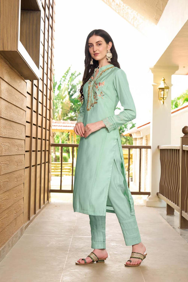 Light Green Hand Embroidery Art Silk Straight Cut Suit Set