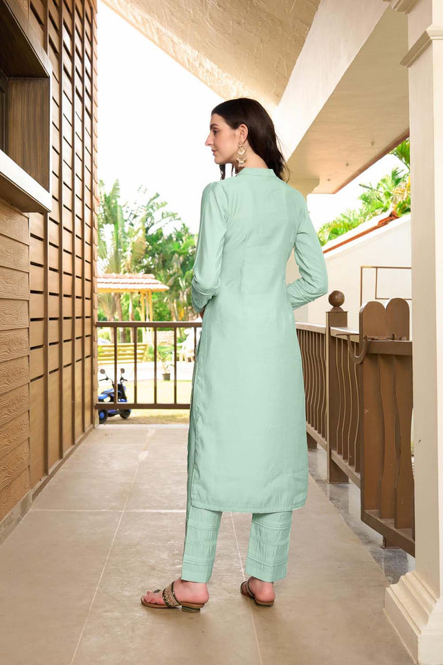 Light Green Hand Embroidery Art Silk Straight Cut Suit Set