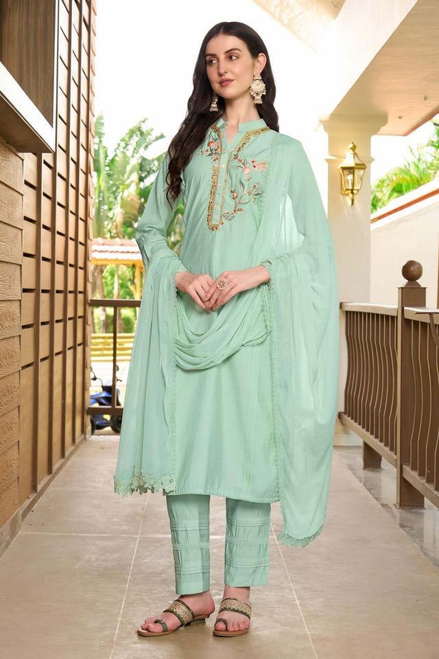 Green Art Silk Embroidered Kurti Pant Set