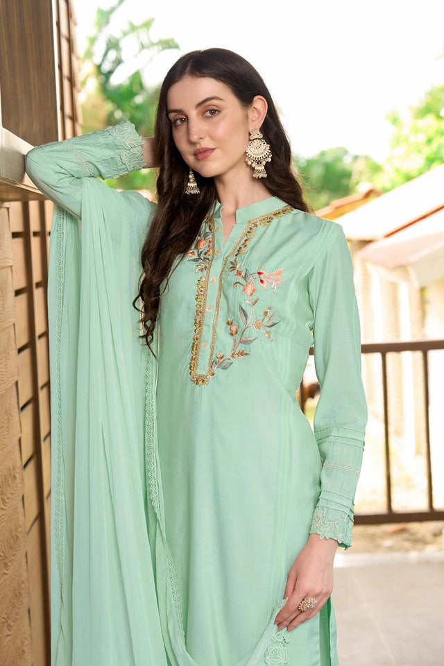 Green Art Silk Embroidered Kurti Pant Set