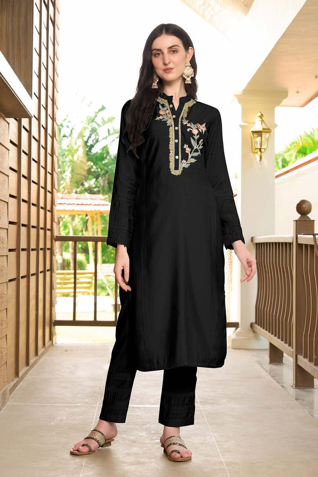 Black Hand Embroidery Art Silk Straight Cut Suit Set