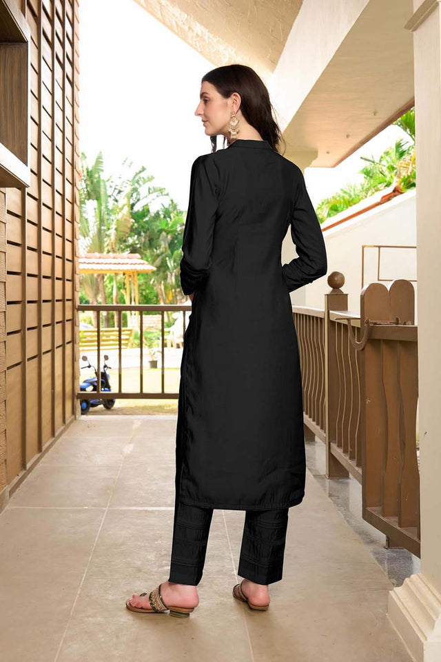 Black Hand Embroidery Art Silk Straight Cut Suit Set