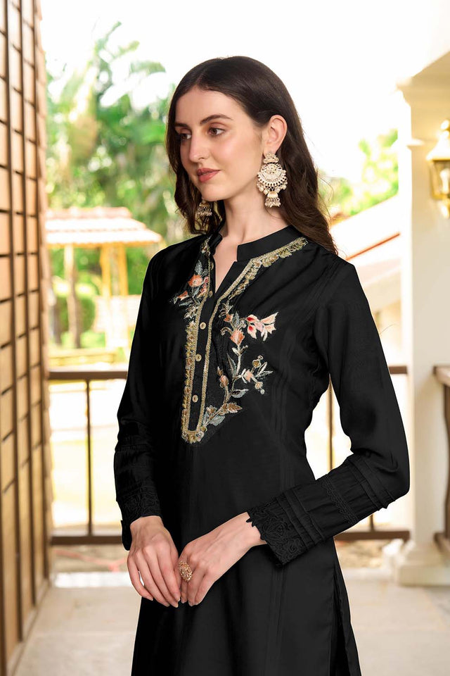 Black Hand Embroidery Art Silk Straight Cut Suit Set