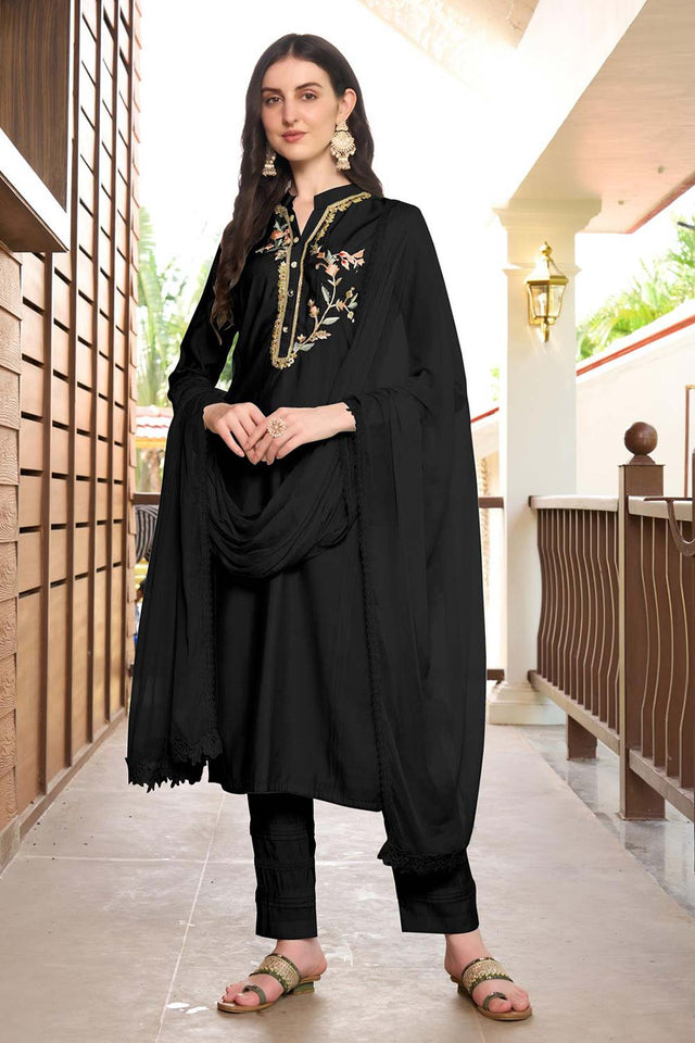 Black Art Silk Embroidered Kurti Pant Set