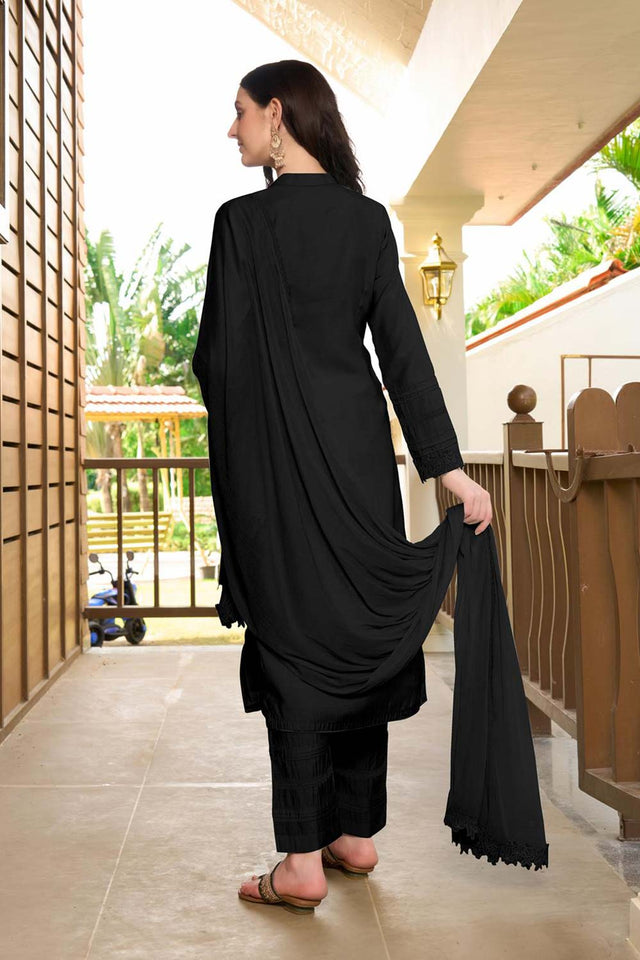 Black Art Silk Embroidered Kurti Pant Set