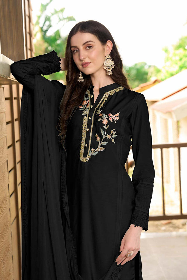 Black Art Silk Embroidered Kurti Pant Set