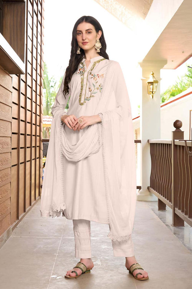 White Art Silk Embroidered Kurti Pant Set