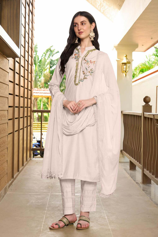 White Art Silk Embroidered Kurti Pant Set