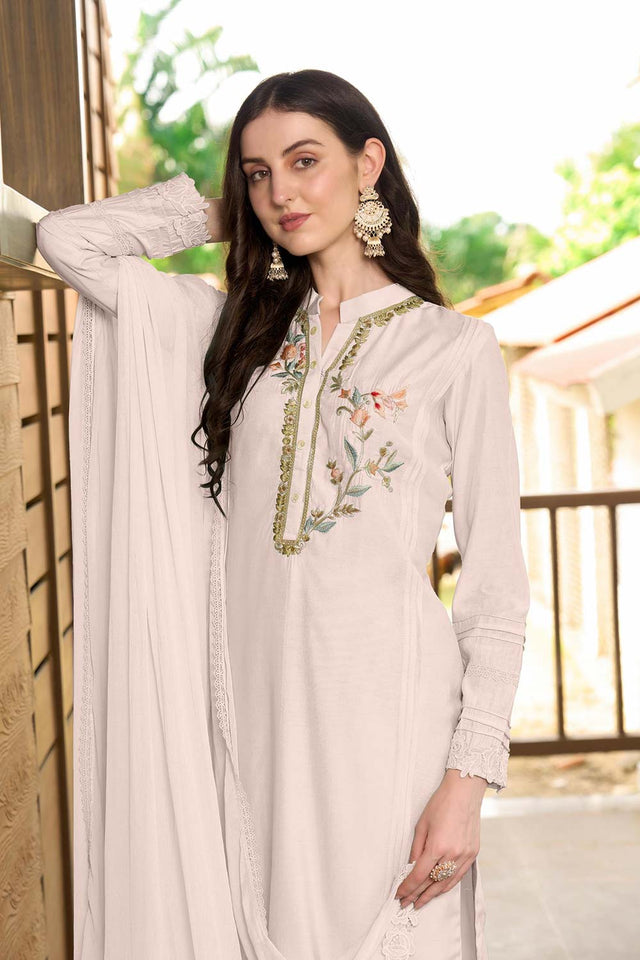 White Art Silk Embroidered Kurti Pant Set
