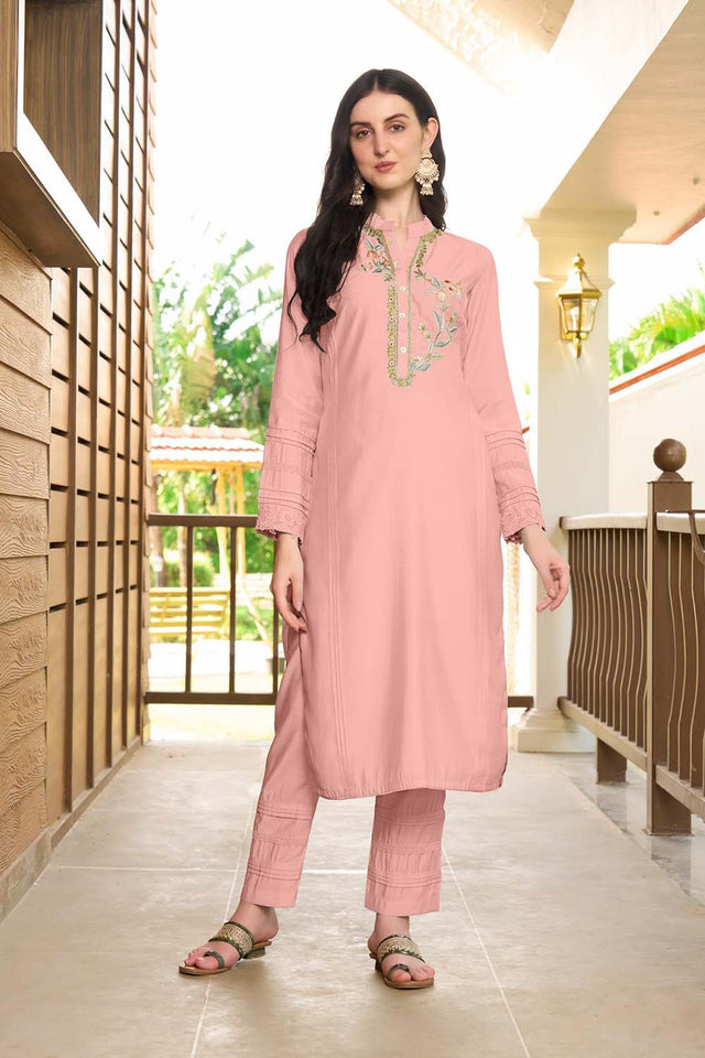 Light Pink Hand Embroidery Art Silk Straight Cut Suit Set
