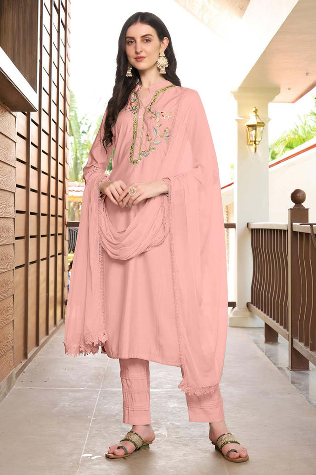 Pink Art Silk Embroidered Kurti Pant Set
