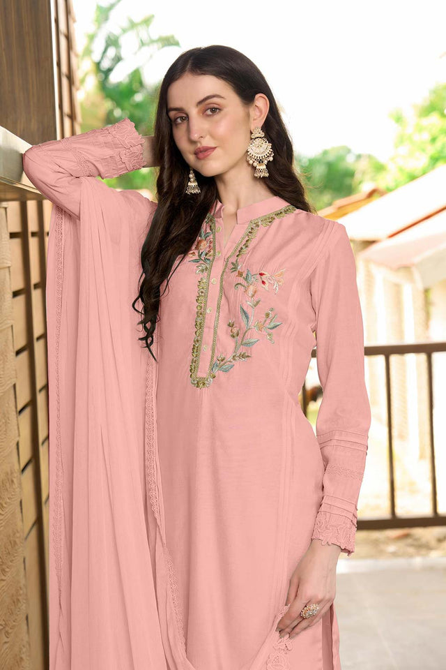 Pink Art Silk Embroidered Kurti Pant Set