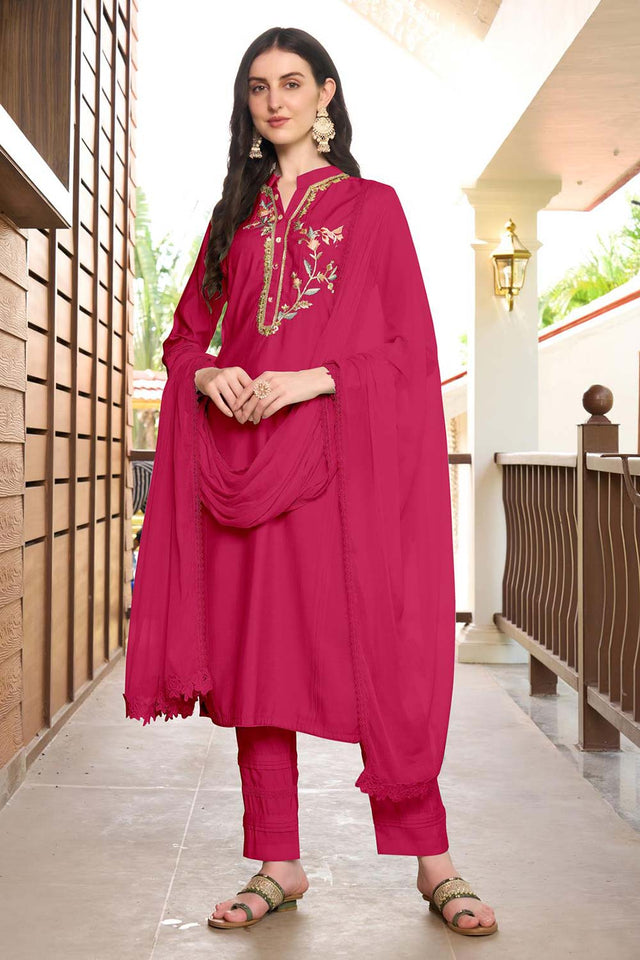 Pink Art Silk Embroidered Kurti Pant Set