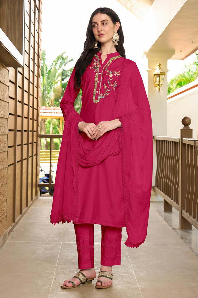 Pink Art Silk Embroidered Kurti Pant Set