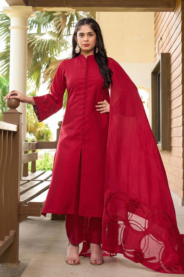Red Art Silk Embroidered Kurti Pant Set