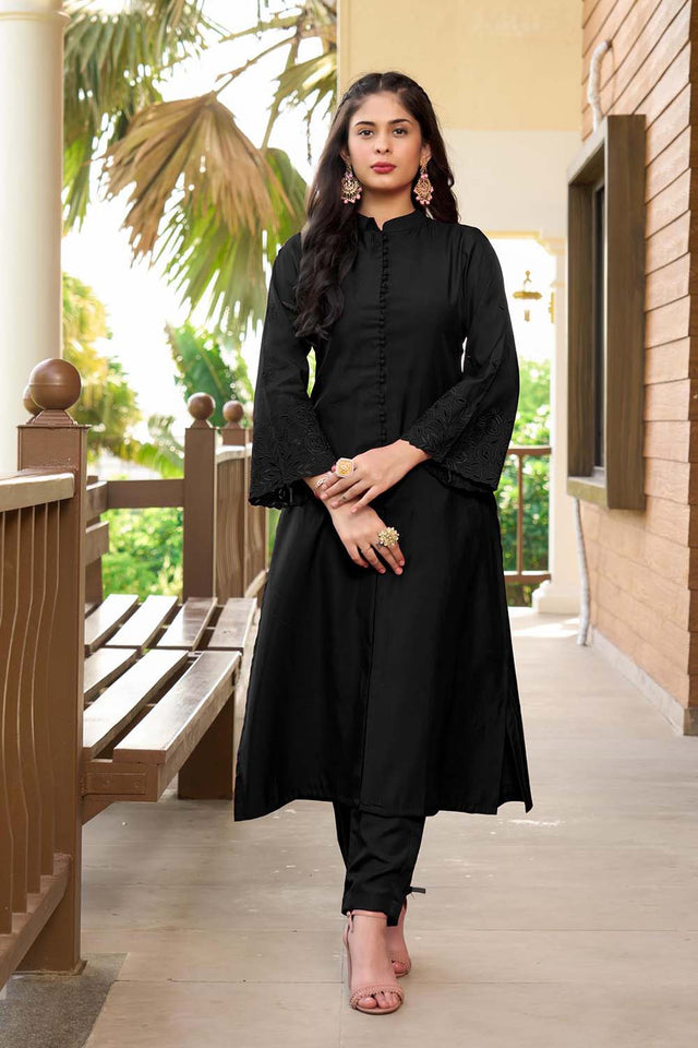 Black Hand Embroidery Art Silk A Line Kurti