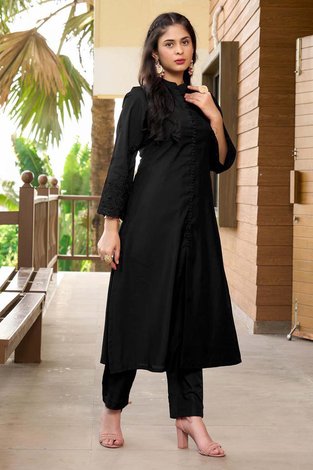 Black Hand Embroidery Art Silk A Line Kurti