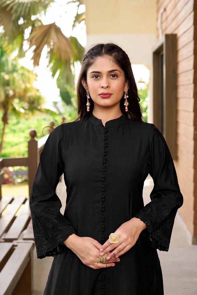 Black Hand Embroidery Art Silk A Line Kurti