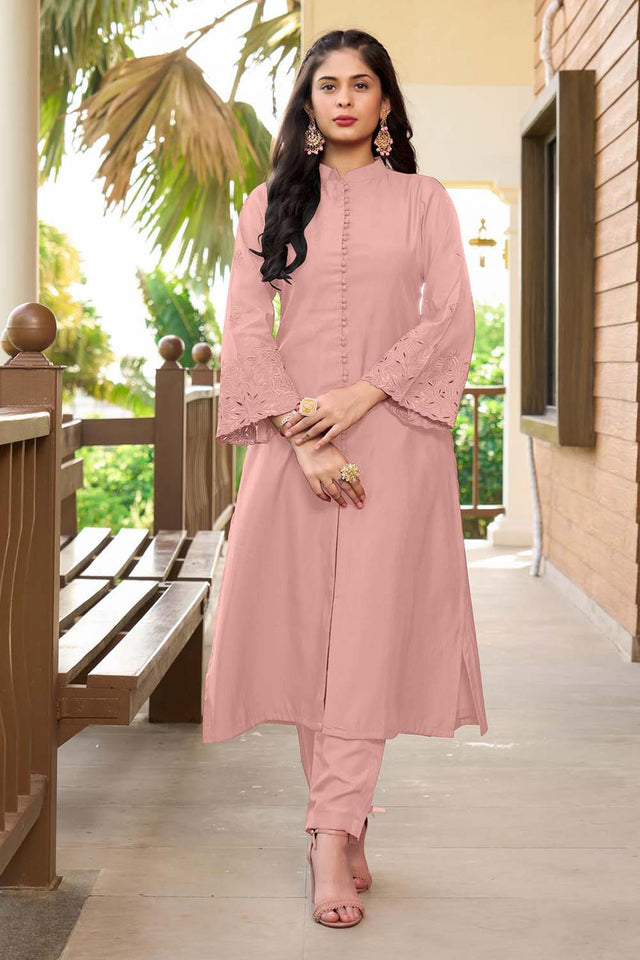 Dark Pink Hand Embroidery Art Silk A Line Pants Kurti Set