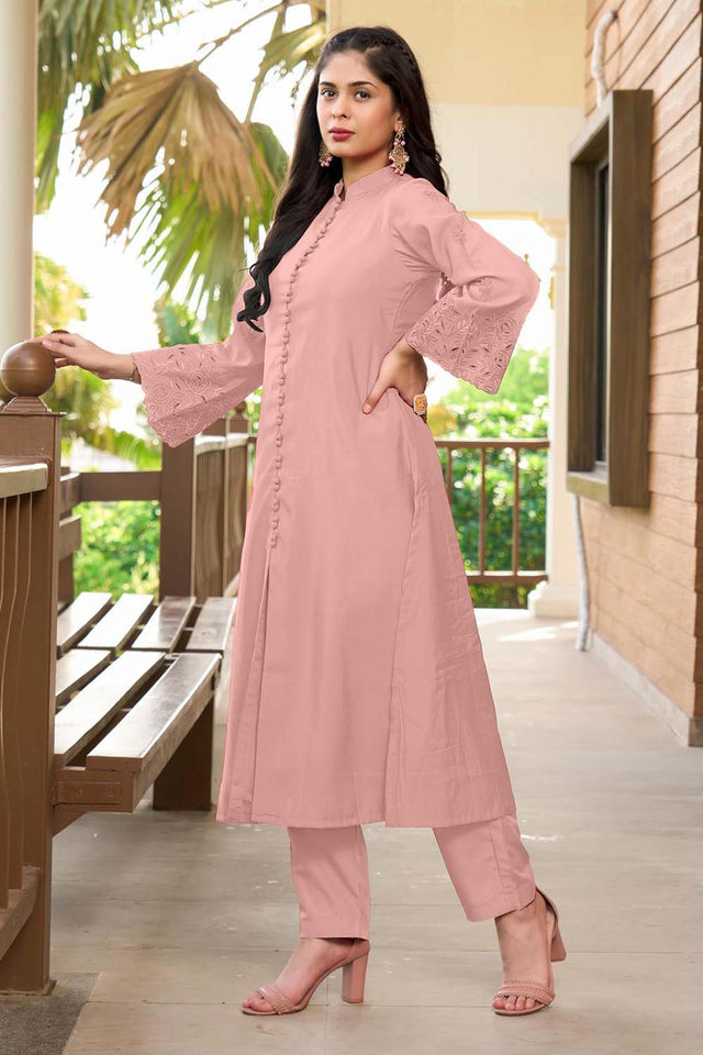 Dark Pink Hand Embroidery Art Silk A Line Pants Kurti Set