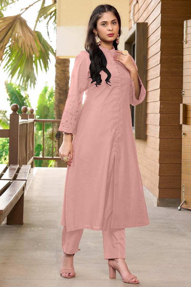 Dark Pink Hand Embroidery Art Silk A Line Pants Kurti Set