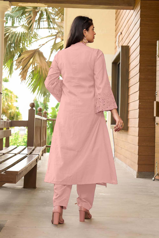 Dark Pink Hand Embroidery Art Silk A Line Pants Kurti Set