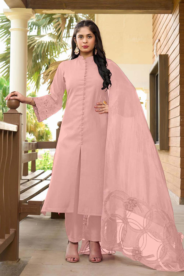 Pink Art Silk Embroidered Kurti Pant Set
