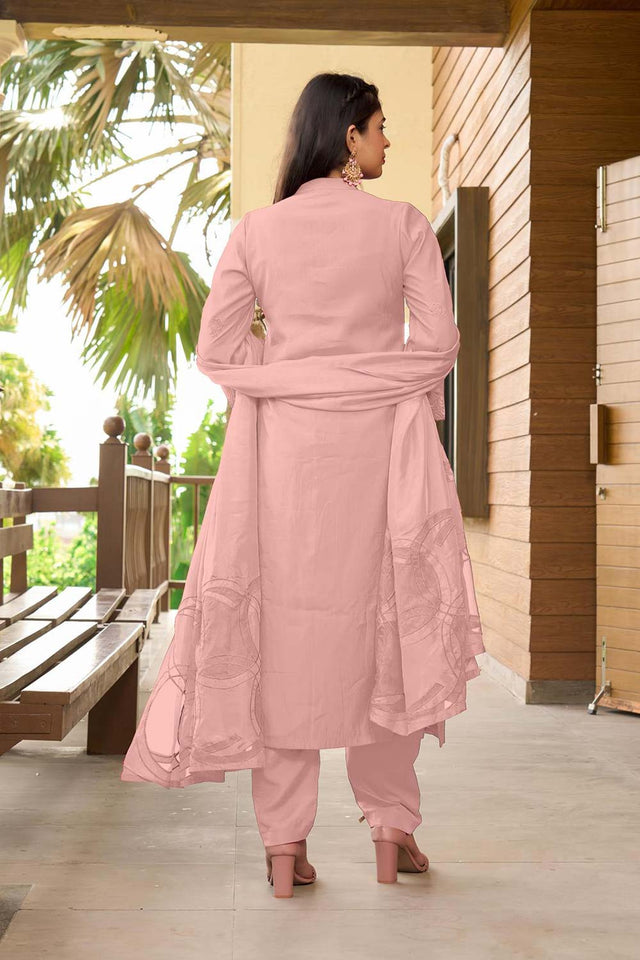 Pink Art Silk Embroidered Kurti Pant Set