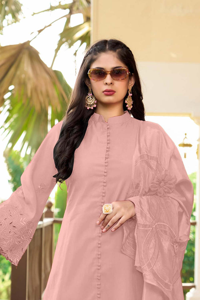 Pink Art Silk Embroidered Kurti Pant Set