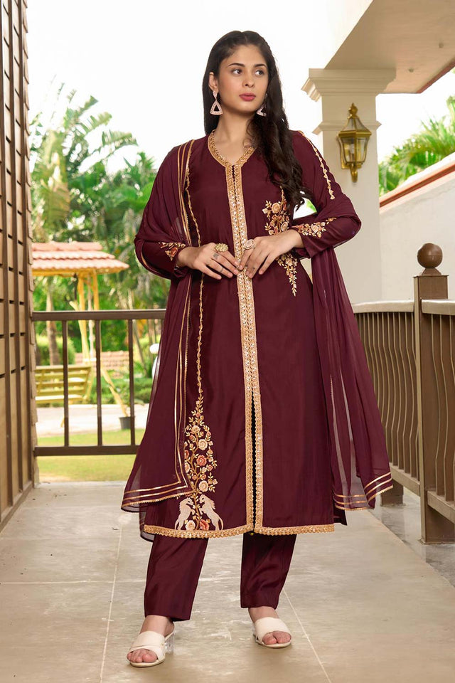 Red Art Silk Embroidered Kurti Pant Set