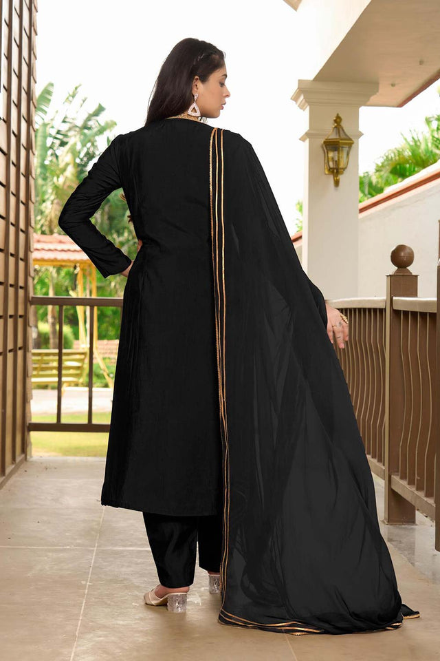 Black Art Silk Embroidered Kurti Pant Set