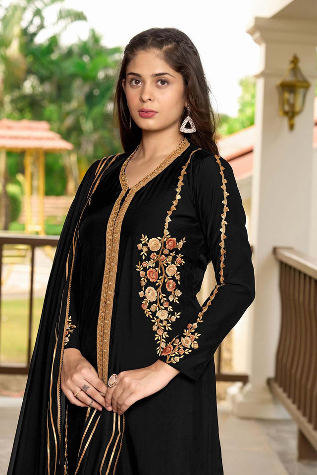 Black Art Silk Embroidered Kurti Pant Set