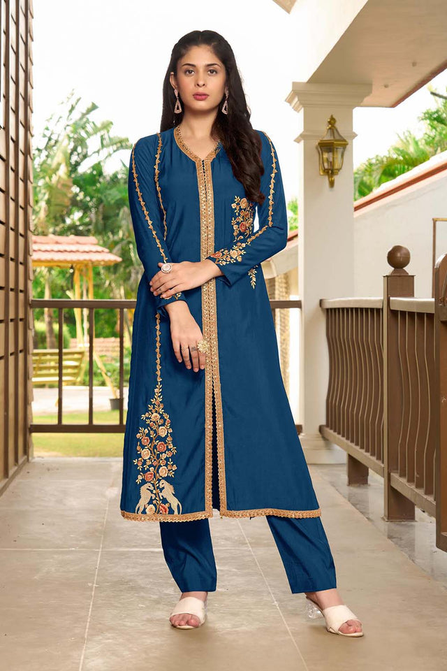 Royal Blue Hand Embroidery Art Silk A Line Kurta - 5XL