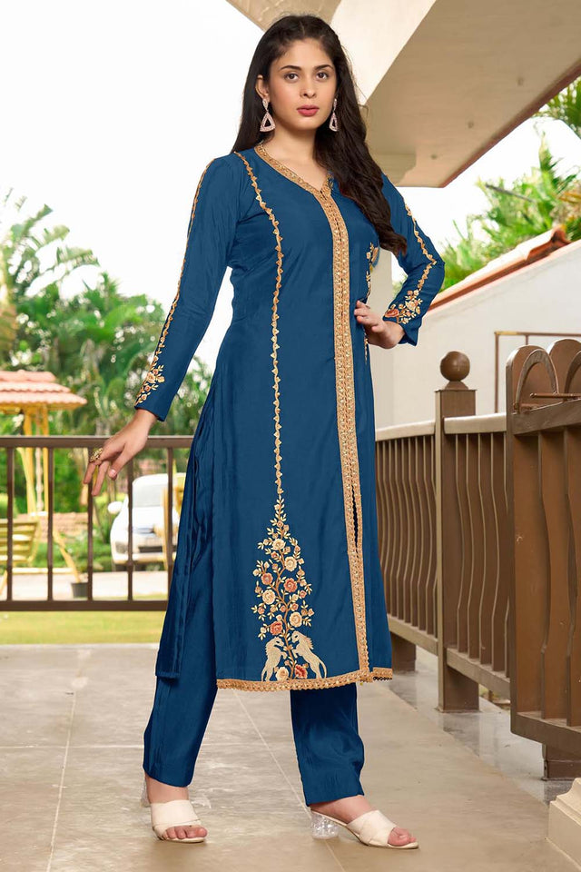 Royal Blue Hand Embroidery Art Silk A Line Pants Kurti Set