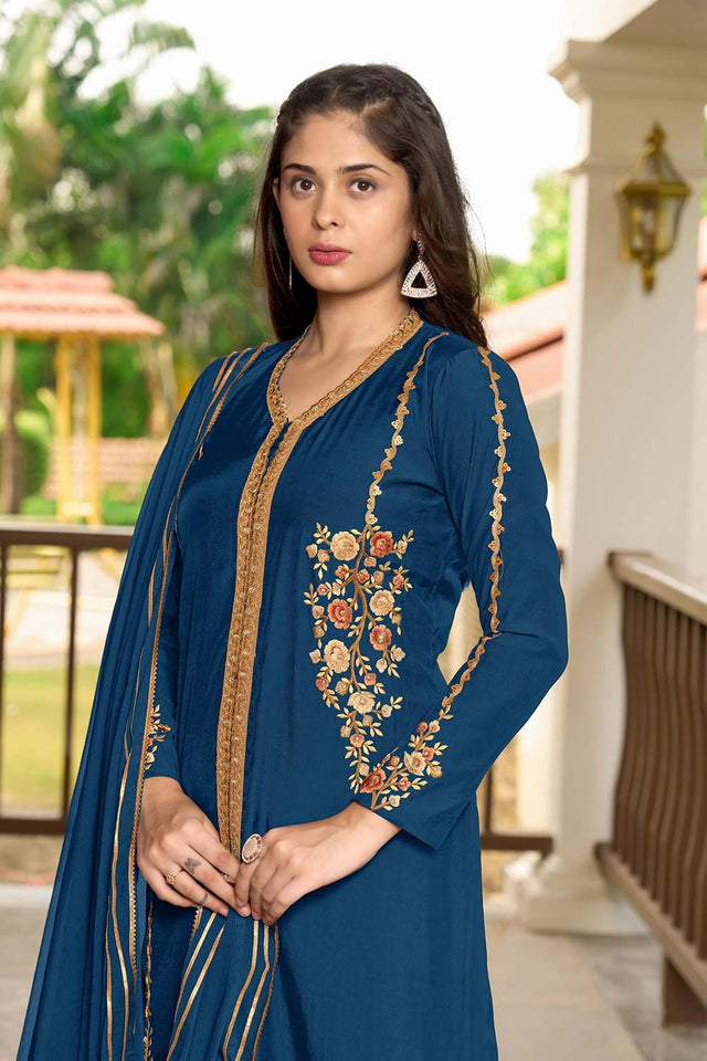 Blue Art Silk Embroidered Kurti Pant Set