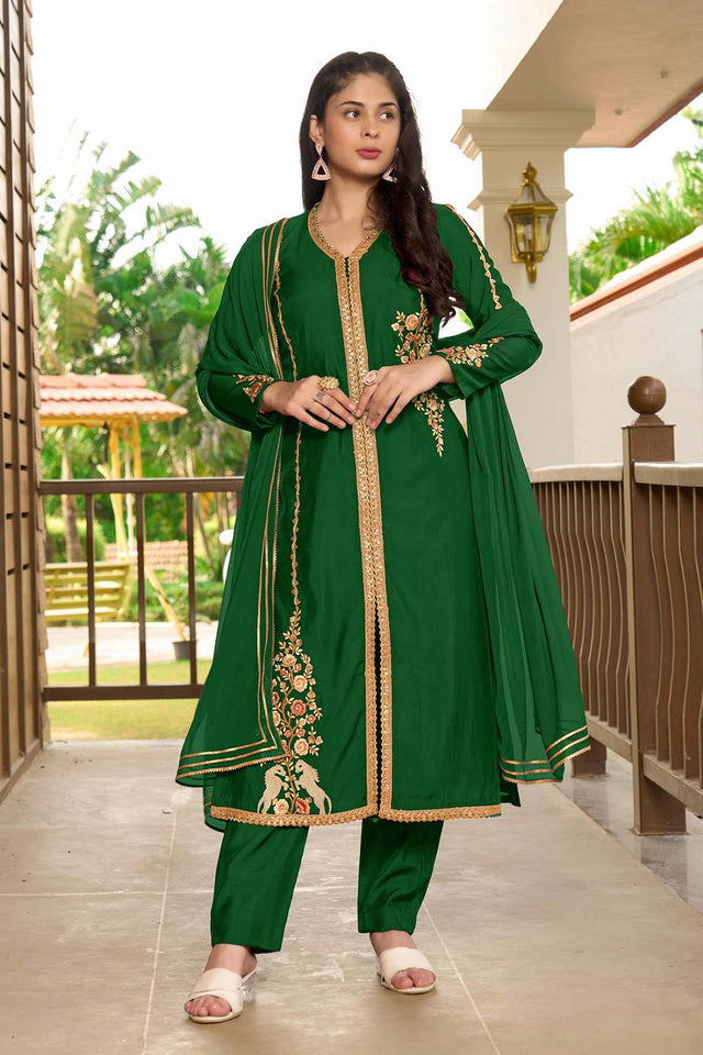 Green Art Silk Embroidered Kurti Pant Set