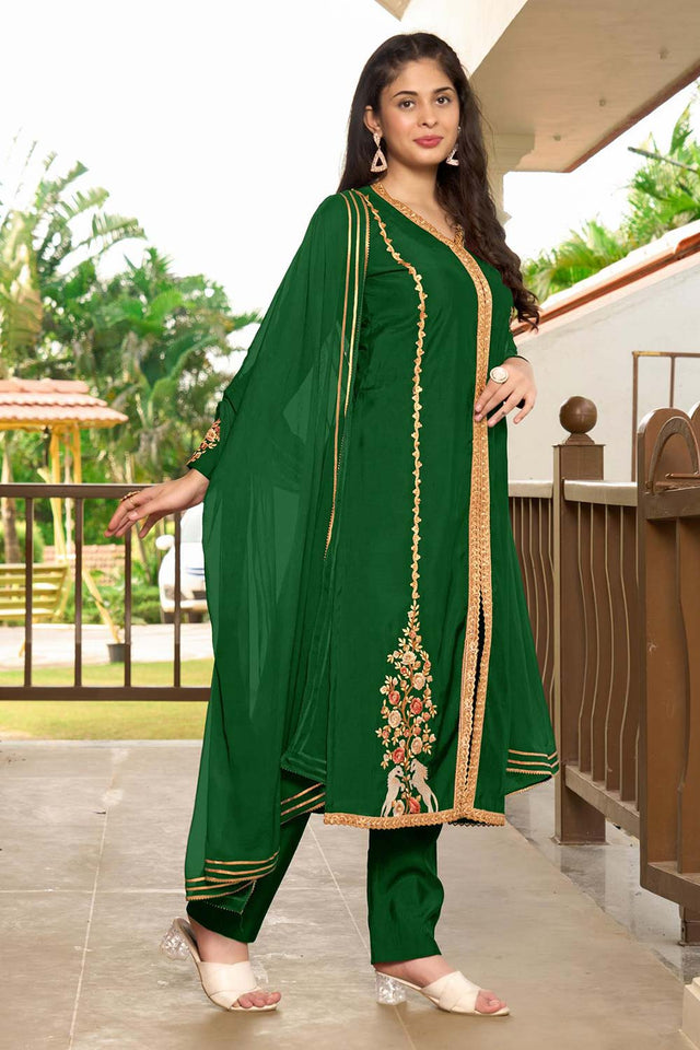 Green Art Silk Embroidered Kurti Pant Set