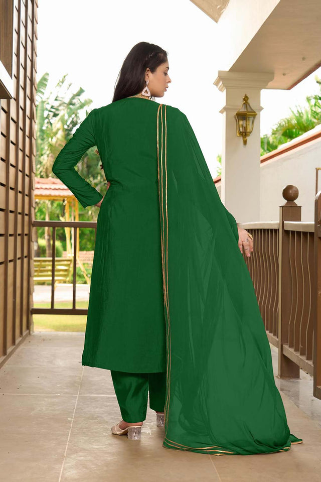 Green Art Silk Embroidered Kurti Pant Set