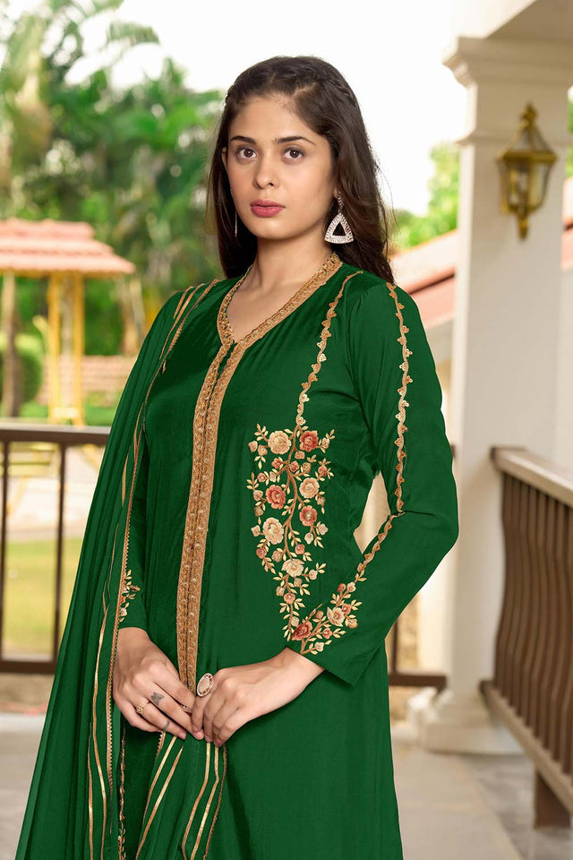 Green Art Silk Embroidered Kurti Pant Set