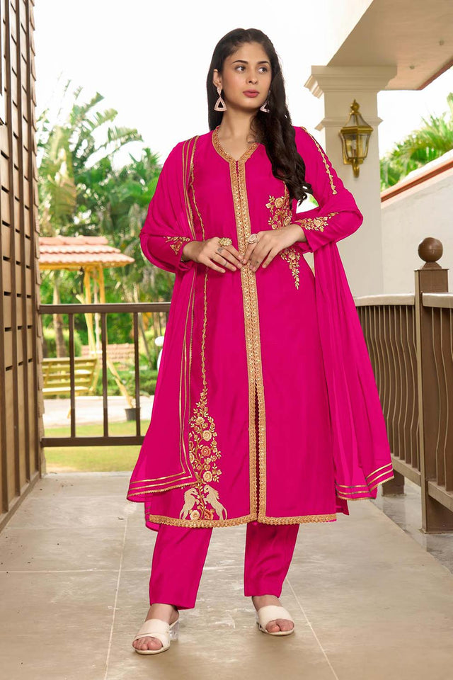 Pink Art Silk Embroidered Kurti Pant Set
