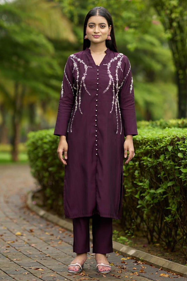 Violet Hand Embroidery Art Silk Straight Cut Suit Set