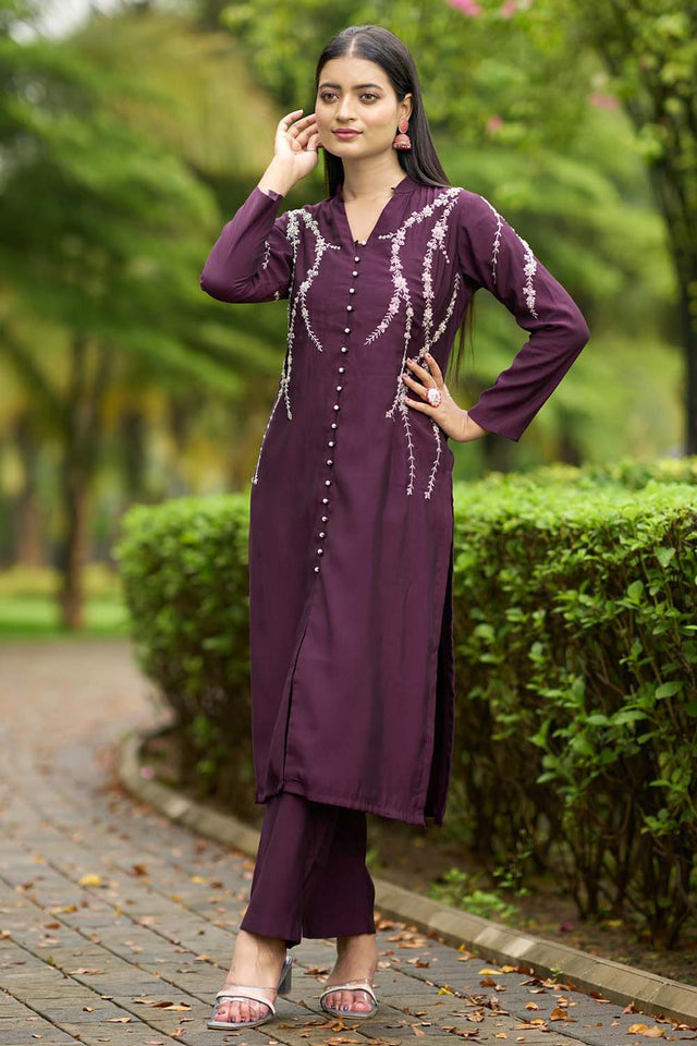 Violet Hand Embroidery Art Silk Straight Cut Suit Set