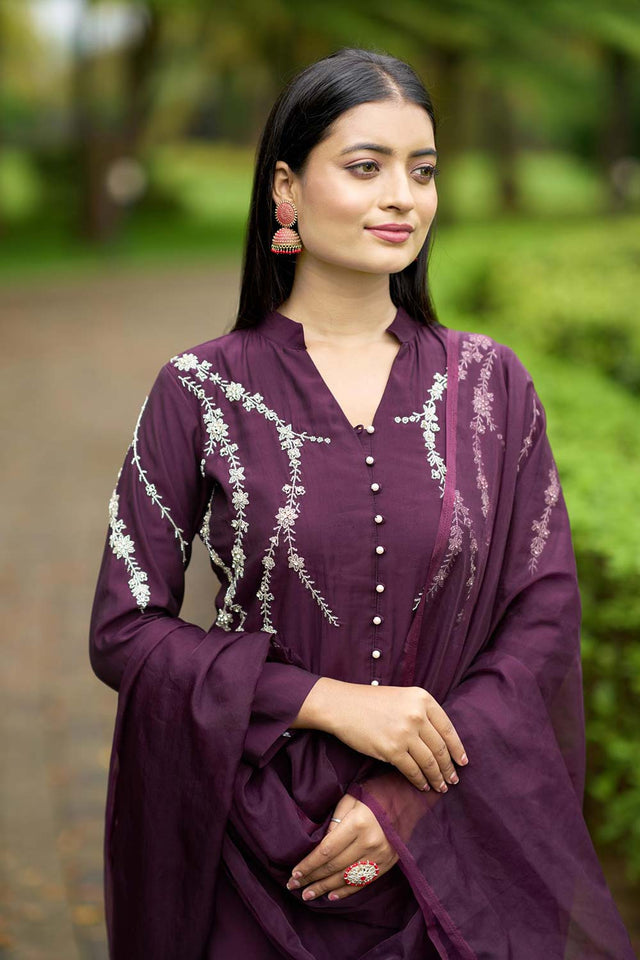 Violet Art Silk Embroidered Kurti Pant Set