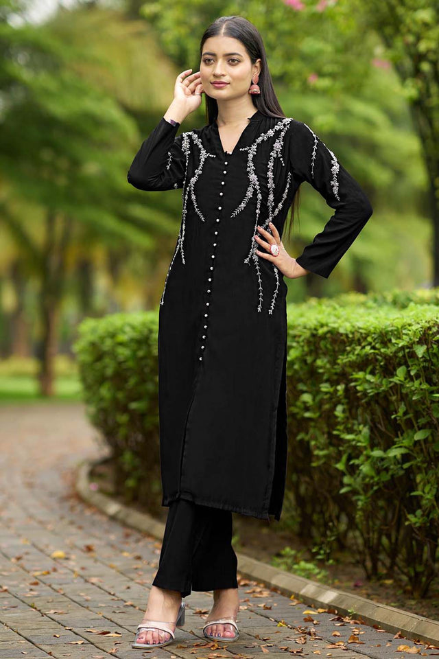 Black Hand Embroidery Art Silk Straight Cut Suit Set