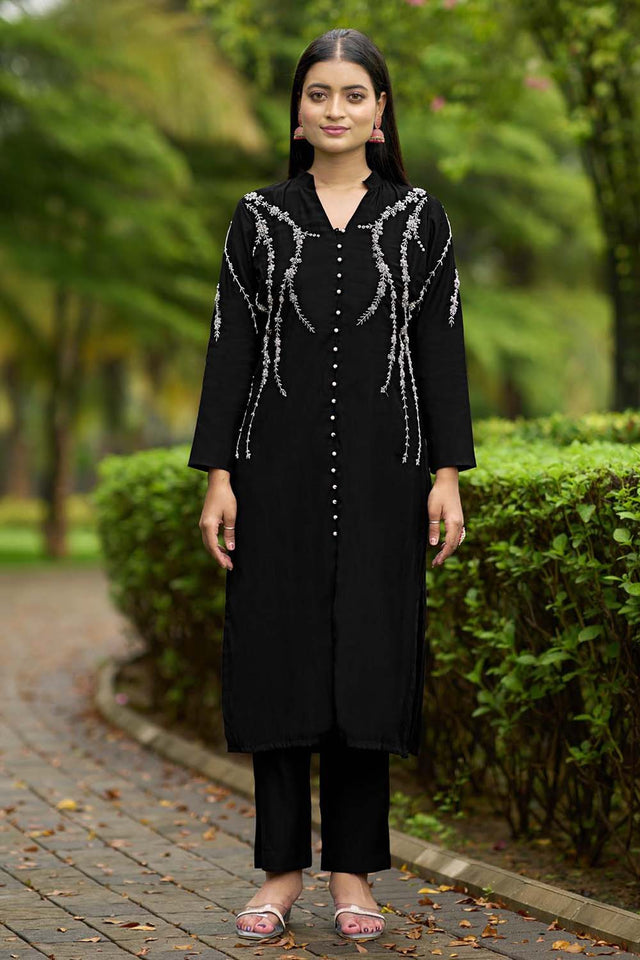 Black Hand Embroidery Art Silk Straight Cut Kurti Pants Set
