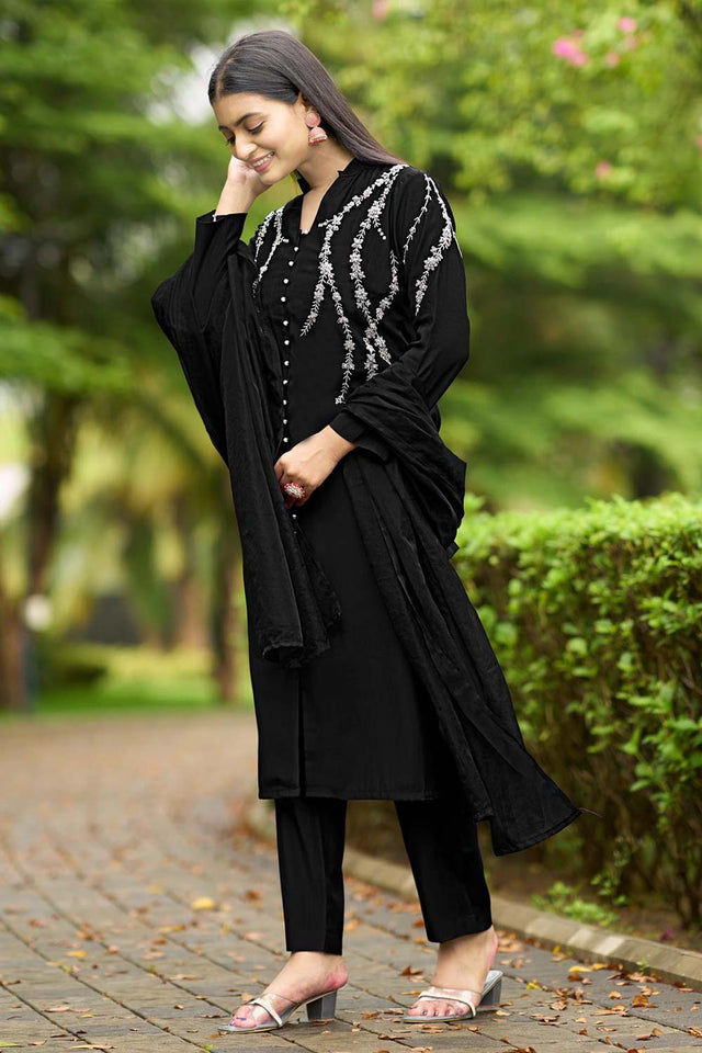 Black Art Silk Embroidered Kurti Pant Set