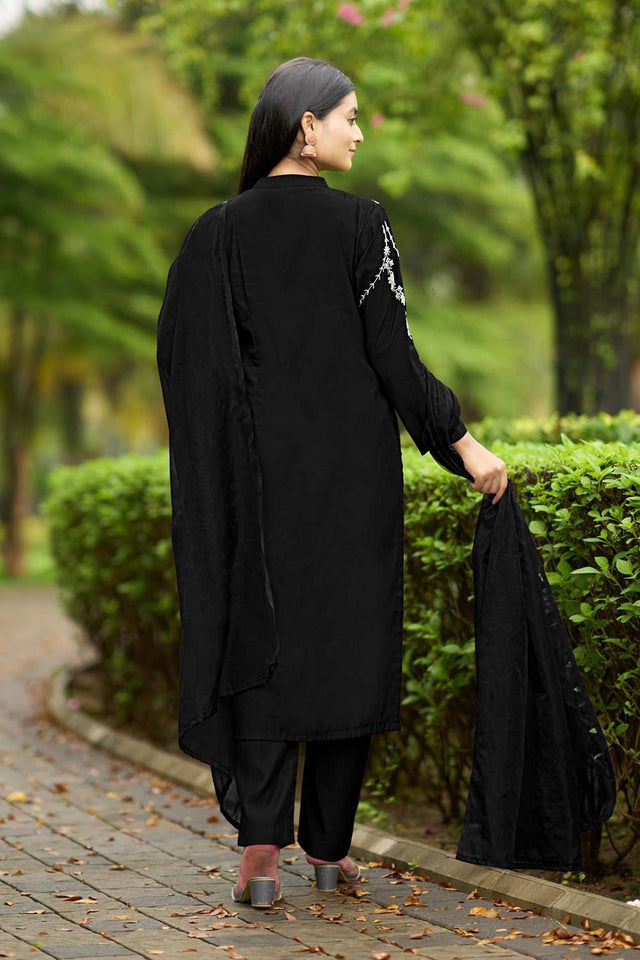 Black Art Silk Embroidered Kurti Pant Set