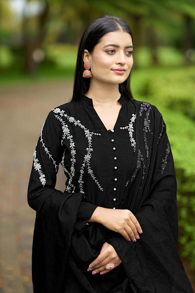 Black Art Silk Embroidered Kurti Pant Set